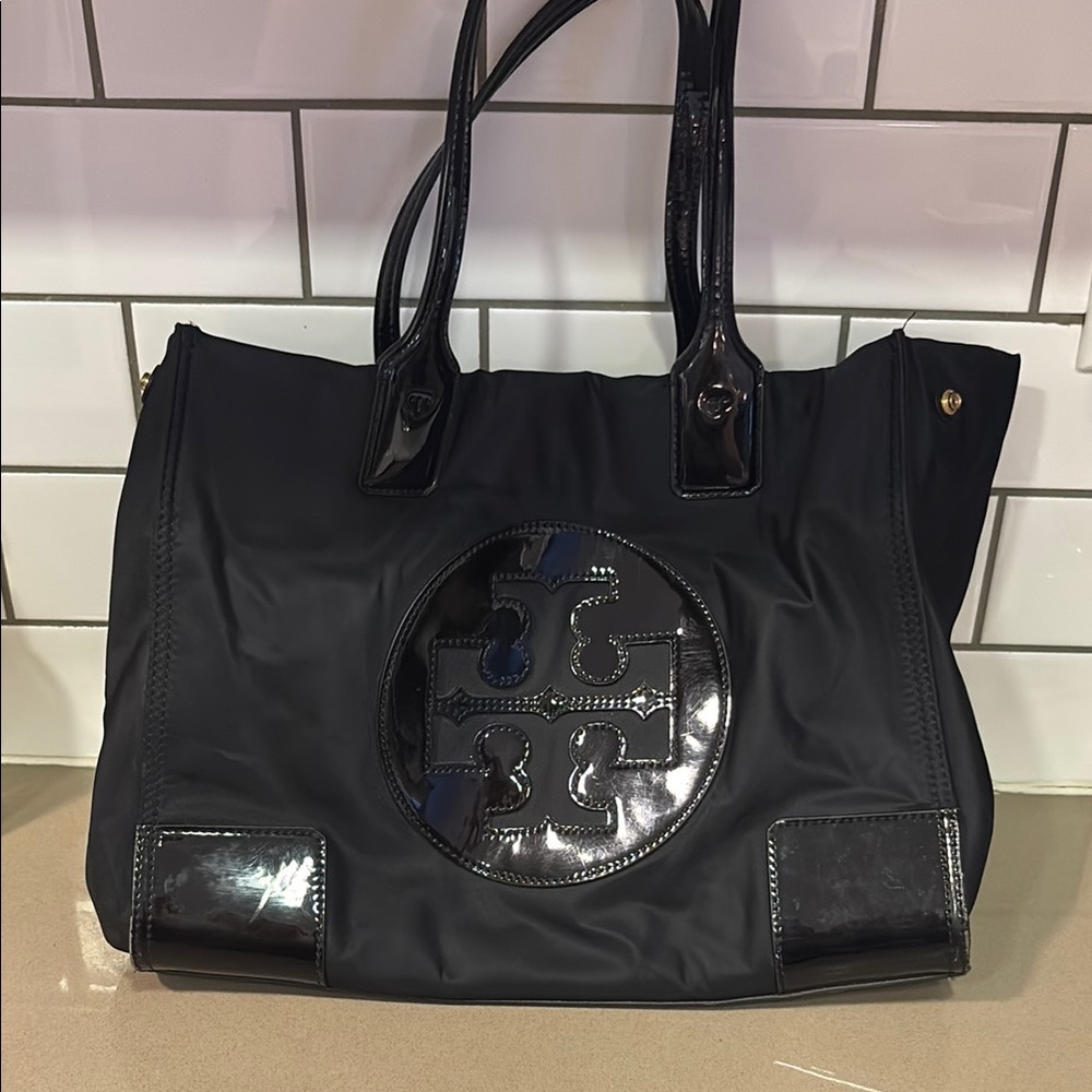 Tory Burch Black Glossy Logo Tote
